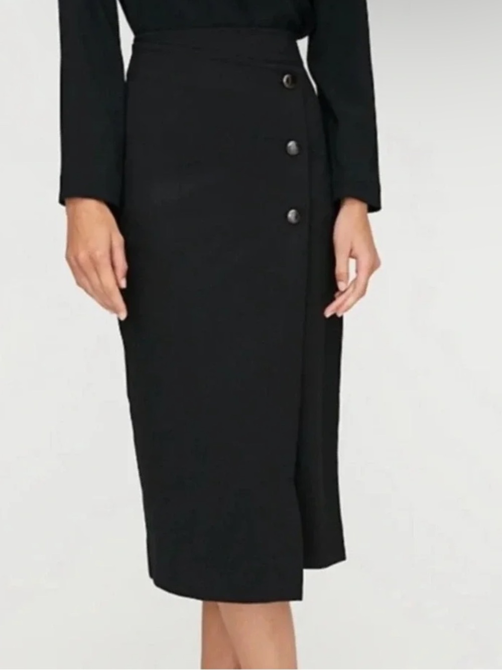 NEW Babaton Black 3 Button-Detail Stretch Knit Pencil Midi Skirt Contemporary 10